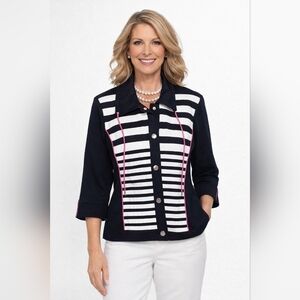 Nancy Bolen's City Girl Black & White With Pink Piping Striped Jacket sz. XL